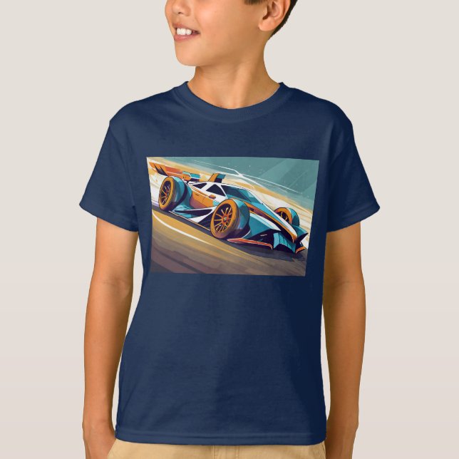 T-shirt Voiture de course bleue et orange sur piste (Devant)