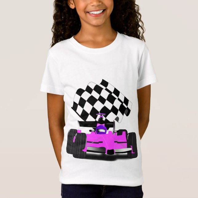 T-Shirt Voiture de course rose avec drapeau À damiers (Devant)