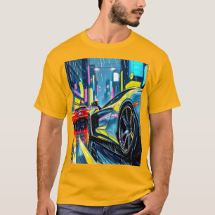 T-shirt voiture de sport à travers une ville néon la nuit