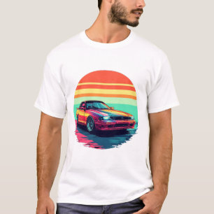 T-shirt Voiture de sport retro avec Arrière - plan coucher