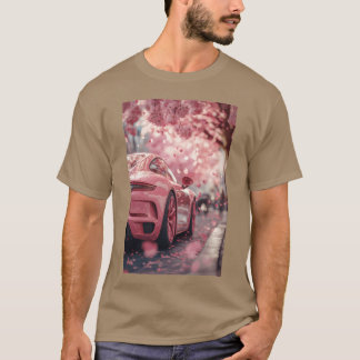 T-shirt Voiture de sport rose Fleurs de cerisier rétro