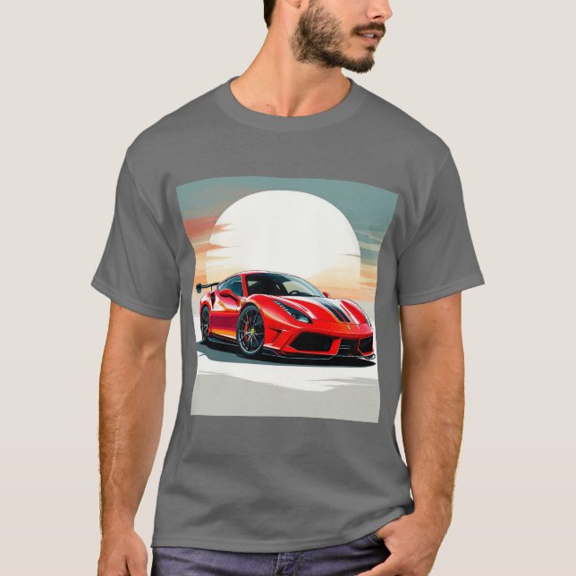 T-shirt Voiture de sport rouge dans le coucher de soleil a (Devant)
