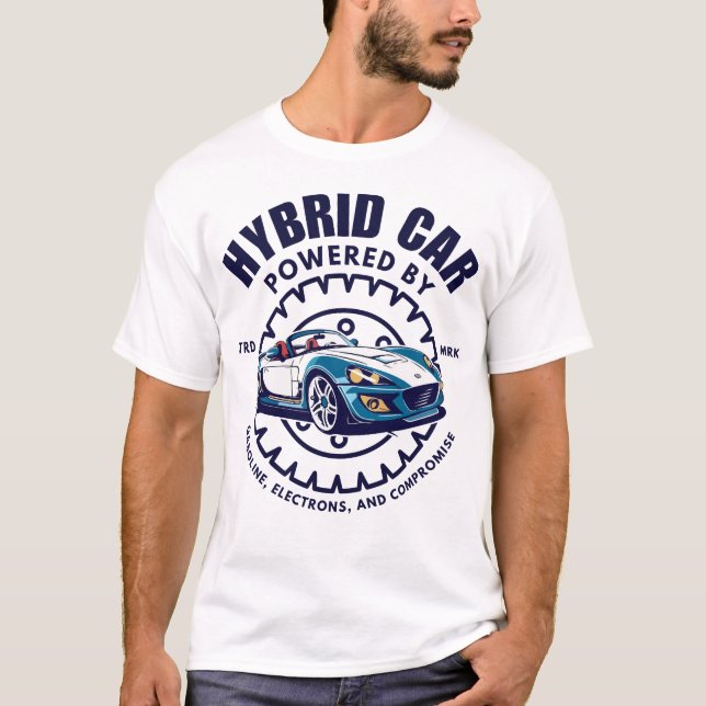 T-shirt Voiture hybride : alimentée par essence, électrons (Devant)