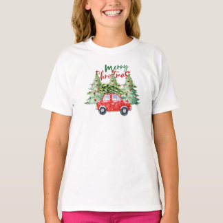 T-shirt Voiture rouge vintage avec arbre de Noël Aquarelle