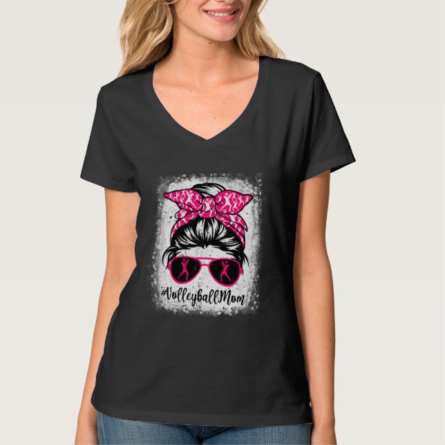 T-shirt Volleyball Mom Leopard Messy Bun Sport  Mother's D (Devant)