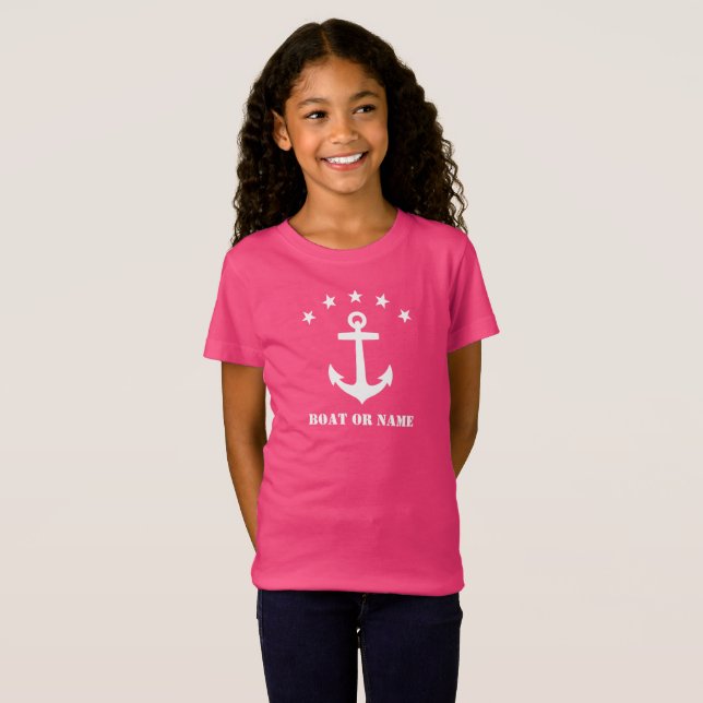 T-Shirt Votre nom ou nom de bateau Ancre classique rose et (Devant entier)