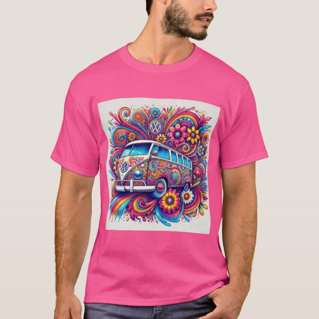 T-shirt Voyage en bus VW psychédélique (Devant)