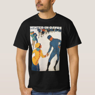 T-shirt Voyage Vintage, Art Déco, Davos Suisse Hiver