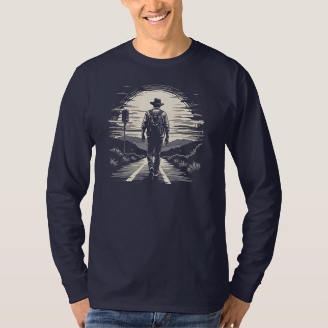 T-shirt voyageur marchant sur la route devant un coucher d (Devant)