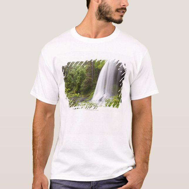 T-shirt Vue brouillée de cascade et de forêt en Orégon (Devant)