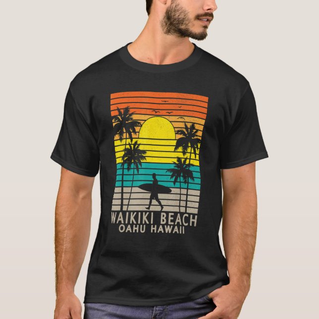 T-shirt Waikiki Beach Oahu Hawaii Surfer Palm Tree Surfing (Devant)