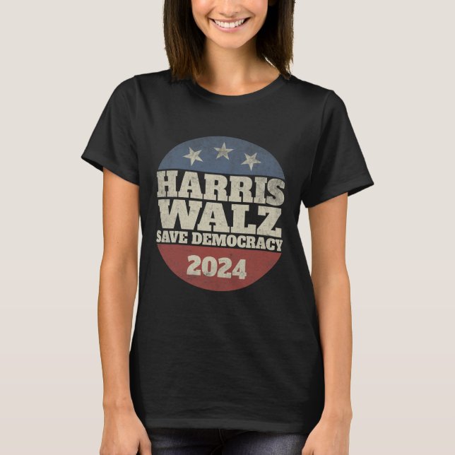 T-shirt Waltz 2024 Save Democracy Shirt Retro Button Elect (Devant)