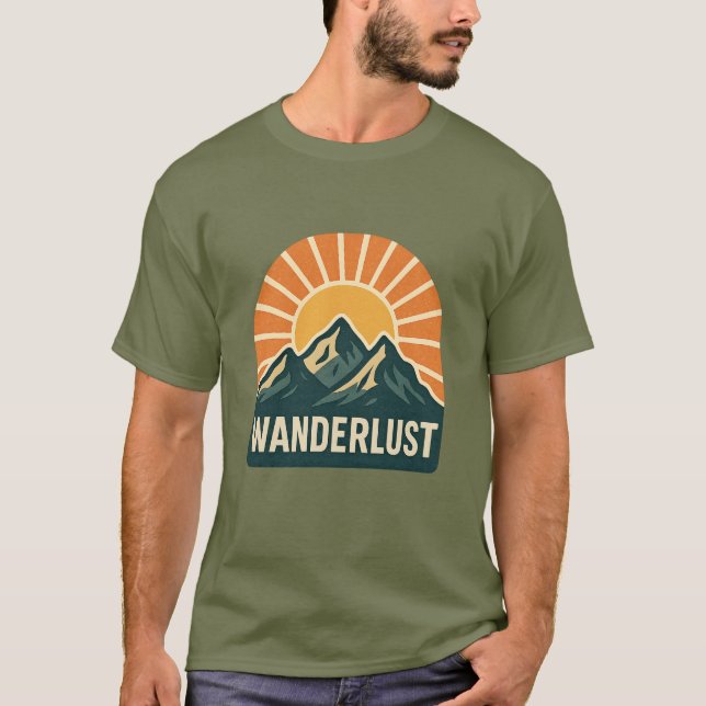 T-shirt Wanderlust Retro Blue Mountain Sunrise Outdoor Sun (Devant)