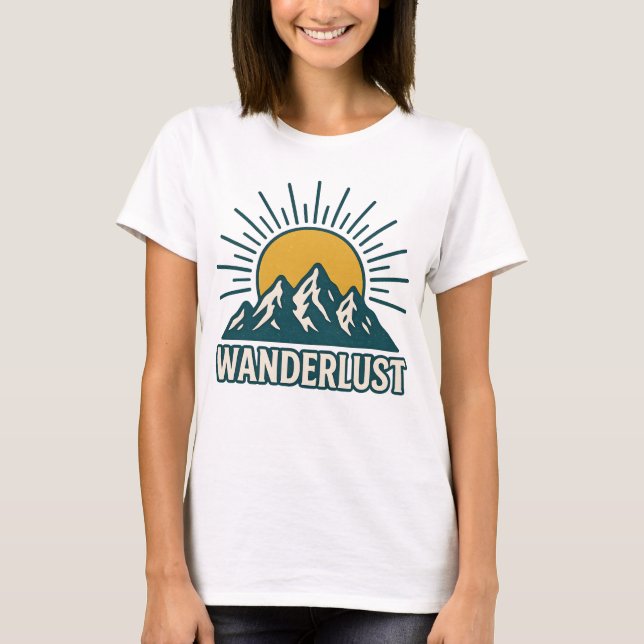 T-shirt Wanderlust Retro Teal Mountain Sunrise | Hiking (Devant)