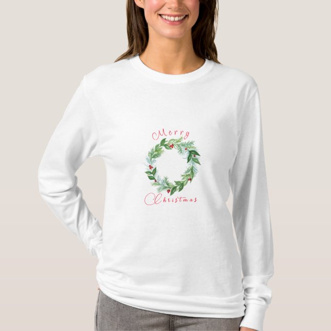 T-shirt Watercolor Christmas Holiday Wreath (Devant)