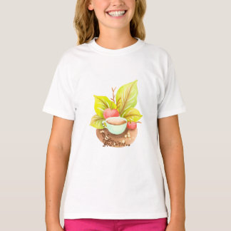 T-shirt Watercolor Coffee Cup with Leaves and Beans Art