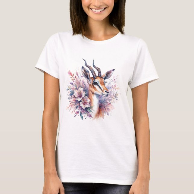 T-shirt Watercolor Gazelle with Floral Accents (Devant)