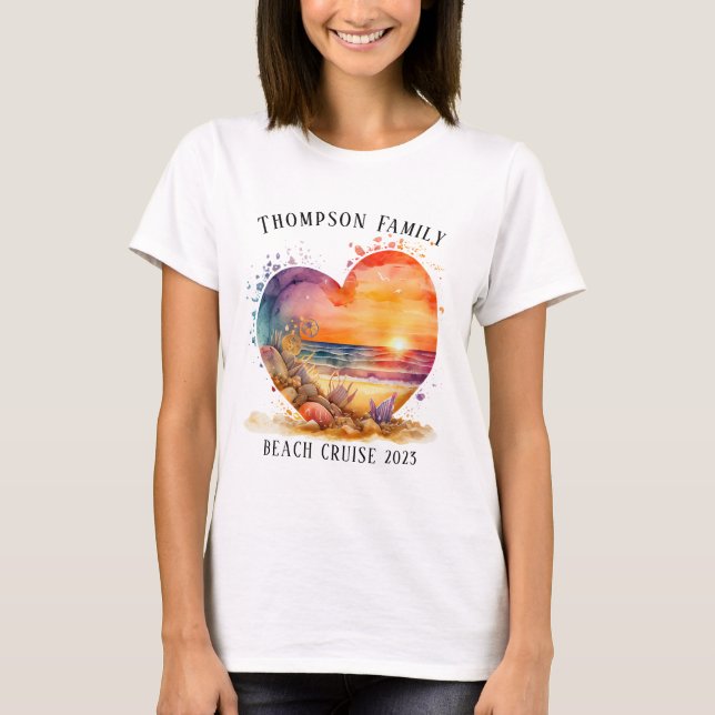 T-shirt Watercolor Heart Beach Famille Croisière Vacances (Devant)