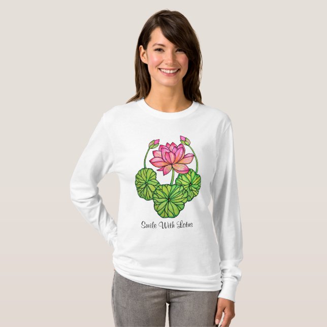 T-shirt Watercolor Pink Lotus with Buds & Leaves (Devant entier)