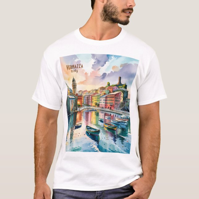 T-shirt Watercolor Vernazza Cinque Terre Italy Colorful (Devant)
