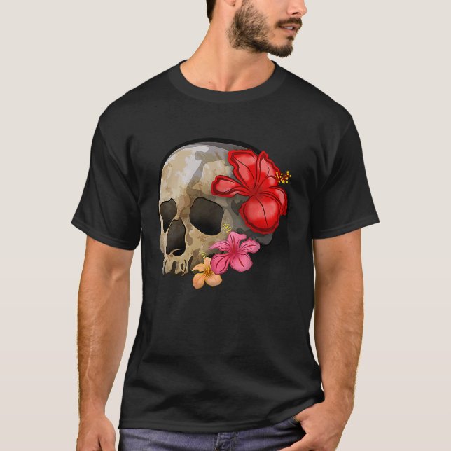 T-shirt Watercolour hippie gothic skull hibiscus floral Ha (Devant)