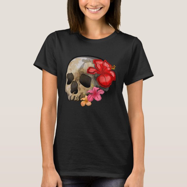T-shirt Watercolour hippie gothic skull hibiscus floral Ha (Devant)