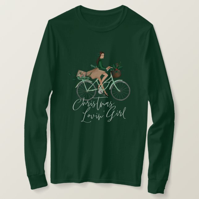 T-shirt Waterolor Christmas Lovin' Girl Riding Un Vélo (Design devant)