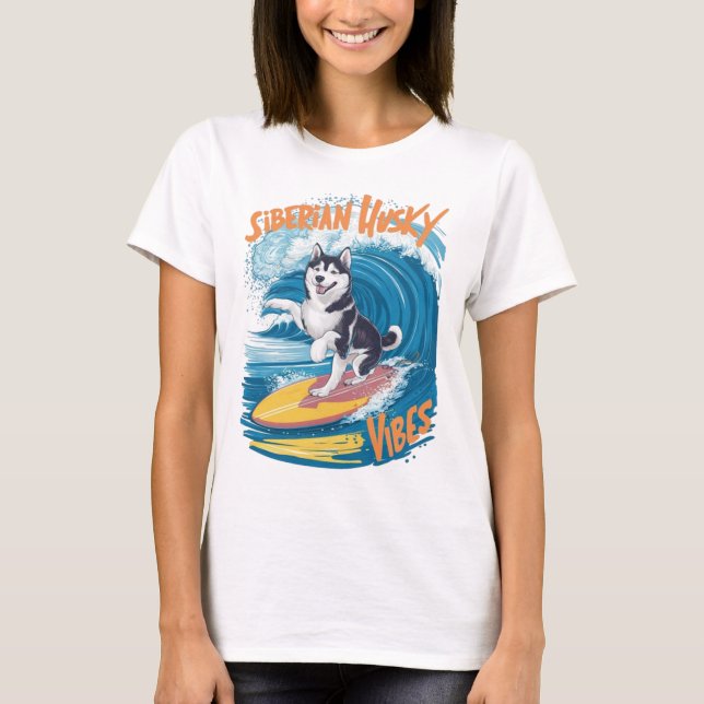 T-shirt Wave Rider Sibérien Husky Chien Surf (Devant)