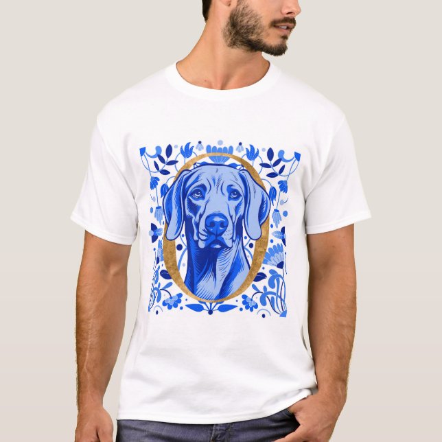 T-shirt Weimaraner regardant à travers la lettre "O" en or (Devant)