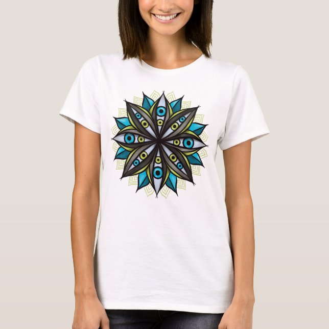 T-shirt Weird Eyes Mandala Art - Trippy Flower Blue Green (Devant)
