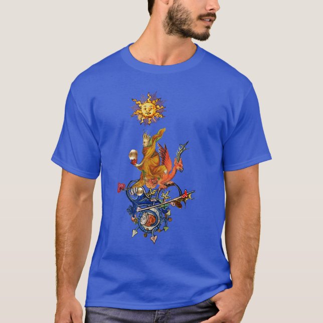 T-SHIRT WEIRD MEDIEVAL BESTIARY,ALCHEMIST,RED DRAGON ,SUN  (Devant)