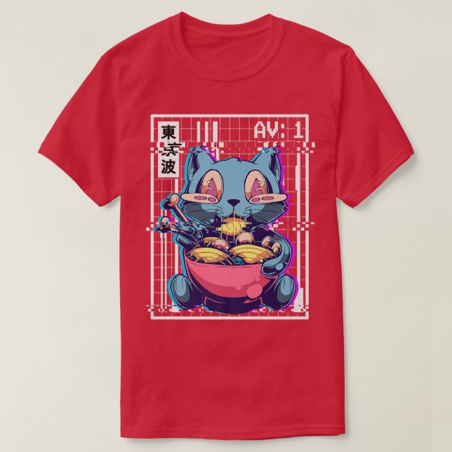 T-shirt Weirdcore Cat Ramen Glitch Vaporwave Aesthétique P (Design devant)