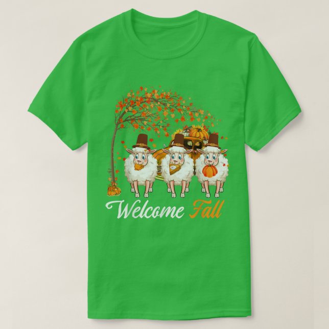 T-shirt Welcome Autumn Tree Three Sheep Farmer Pumpkins Pi (Design devant)