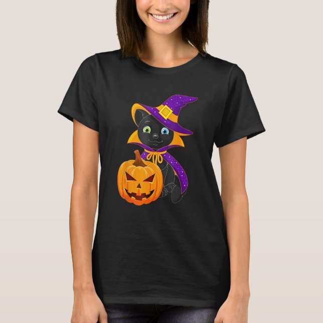 T-shirt Welcome Happy Hat Cat Halloween 2023 Devil Face Pu (Devant)