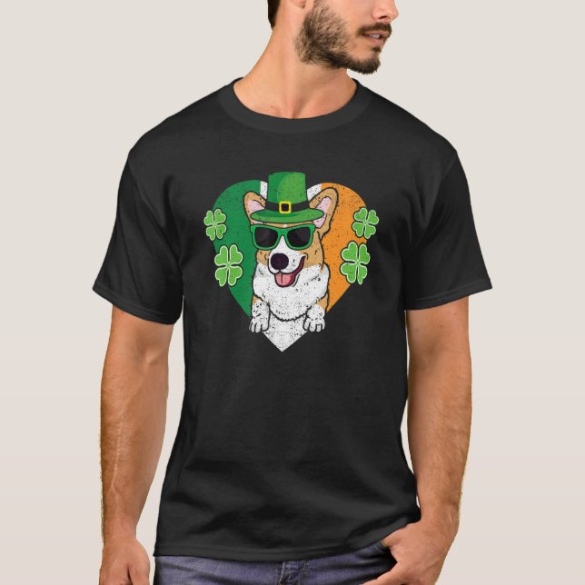 T-shirt Welsh Corgi Dog Leprechaun Hat Irish Flag St Patri (Devant)