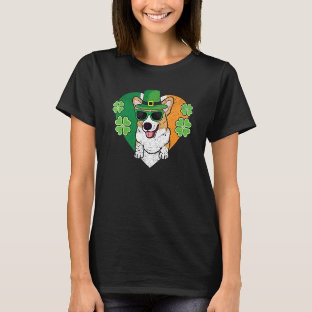 T-shirt Welsh Corgi Dog Leprechaun Hat Irish Flag St Patri (Devant)