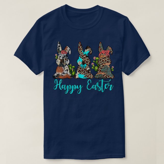 T-shirt Western Leopard Cowhide Turquoise Bunnies Happy Ea (Design devant)