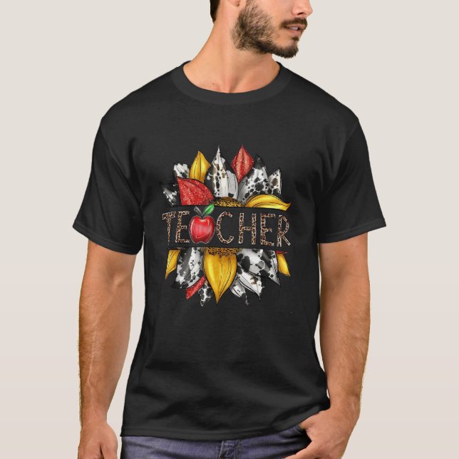 T-shirt Western Leopard Sunflower Teacher Back To School (Devant)