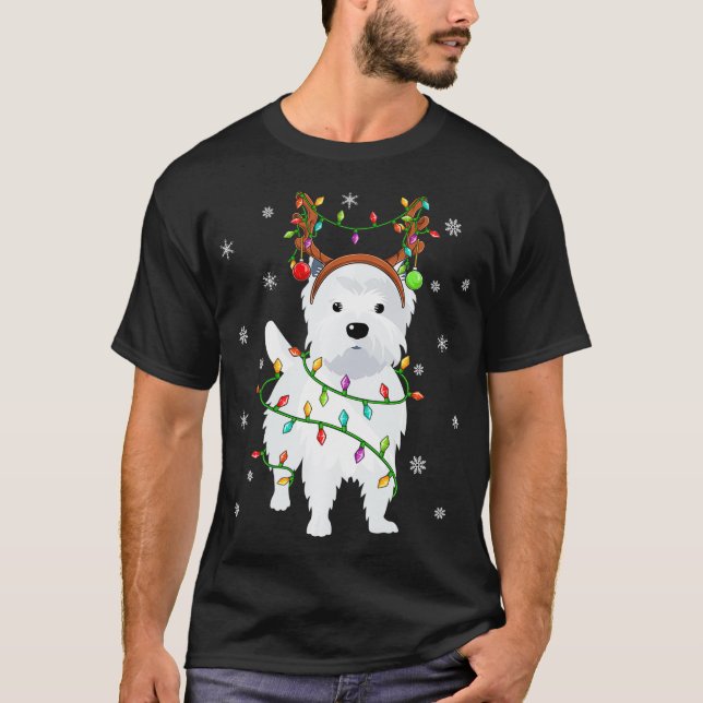 T-shirt Westie Chien Xmas Casquette de rennes d'éclairage  (Devant)