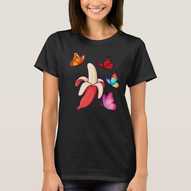T-shirt Whimsical Banana with Colorful Butterflies (Devant)