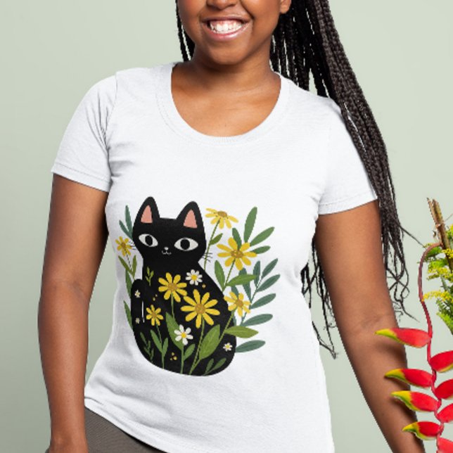 T-shirt Whimsical Black Cat with Yellow Flowers  (black cat t-shirt)