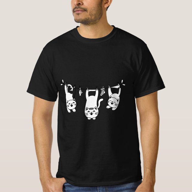 T-shirt Whimsical Cats on a Clothesline (Devant)