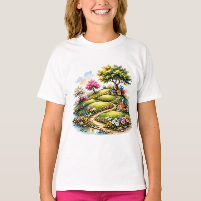 T-shirt Whimsical Cottage Garden Landscape Art (Devant)