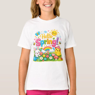 T-shirt Whimsical "Hello Spring" Illustration with Bunny