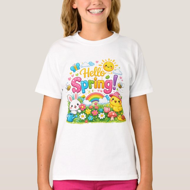 T-shirt Whimsical "Hello Spring" Illustration with Bunny (Devant)