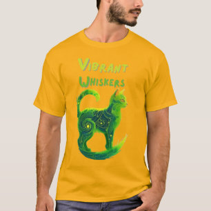 T-shirt Whiskers vibreux : Vert clair et Jaune Cat Art