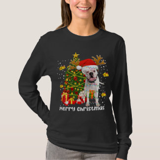 T-shirt White Boxer Dog Christmas Lights Tree Santa hat