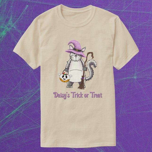 T-shirt White Cat Witch Whimsical Halloween Treat Unisex (White Cat Witch Broom illustration. Cute spooky season  t-shirt. Personalised halloween gift)