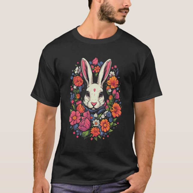 T-shirt White Rabbit encircled by Flowers Owner  garden (Devant)