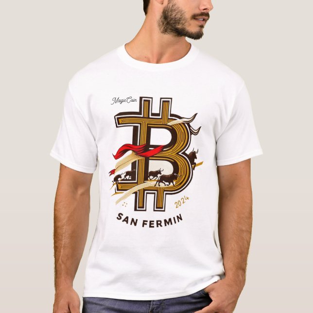 T-shirt White San Fermin and cryptocurrencies t-shirt. (Devant)